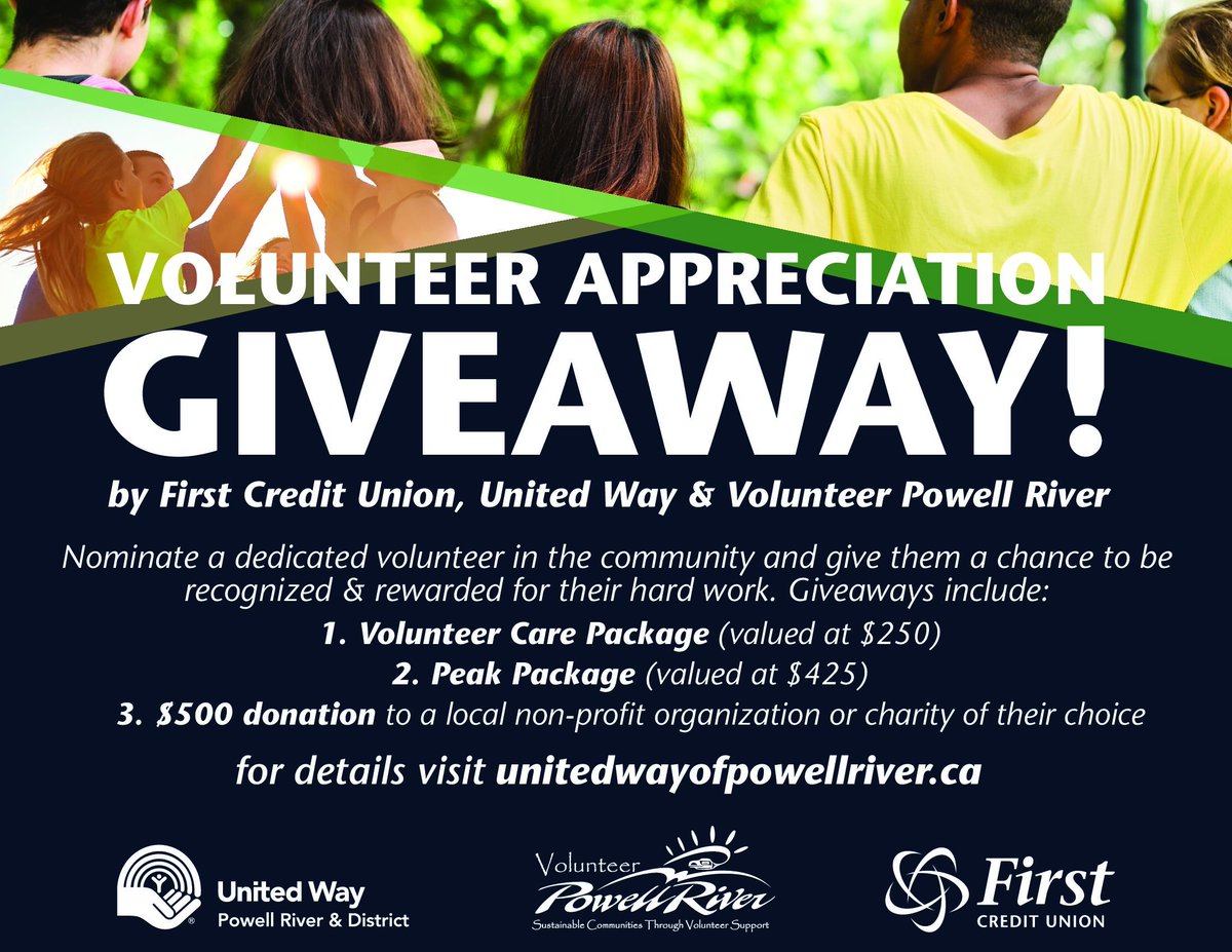 PRUnitedway's tweet photo. National Volunteer Week is April 7th-13th and to celebrate, we've partnered with Volunteer Powell River, @Peak_Aboo, and @FirstCUGroup to put together our VOLUNTEER APPRECIATION GIVEAWAY! See our website for contest details, and SHARE https://t.co/Ov8PWxfOpu #volunteerpowellriver https://t.co/SXOl3EMD7j