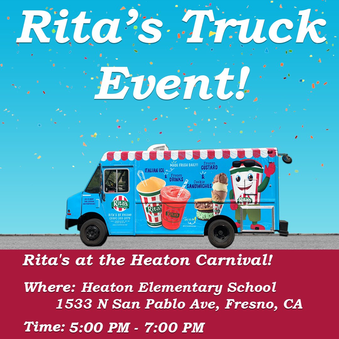ritasfresno's tweet photo. Stop by the Heaton carnival! We will be out serving lots and lots of treats! 

#ritasitalianice #ritastruck #events #frozencustard #heatonelementary #fresnounified #fresno https://t.co/Ufx939Z6o5