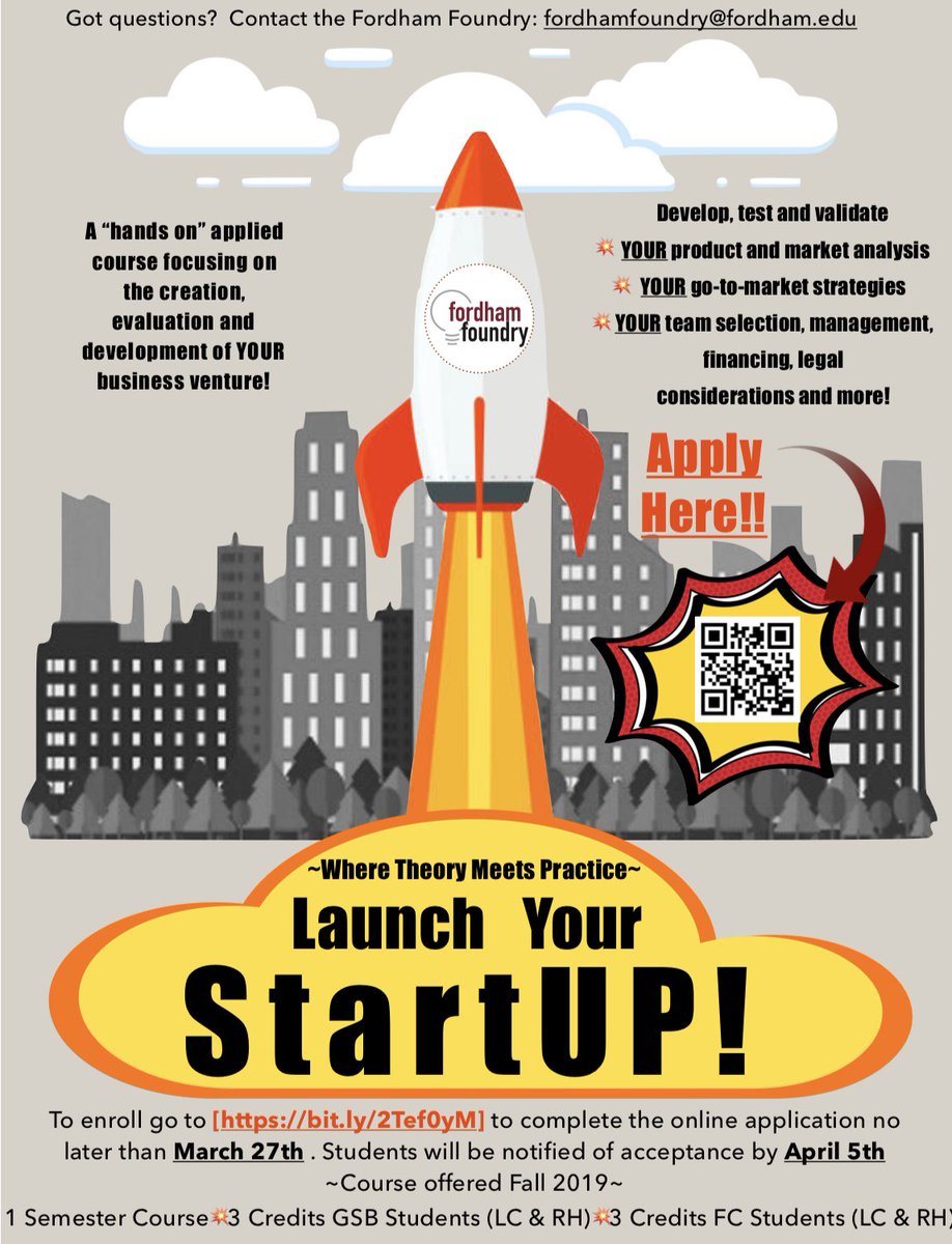 FordhamFoundry's tweet photo. The Foundry is offering courses for Next Semester [Fall2019].

🚀Launch Your StartUP🚀

🌐StartUP Venture Experience🌐

See Flyers for more information! Hope to see you next Semester!! https://t.co/AY184Bdb3S