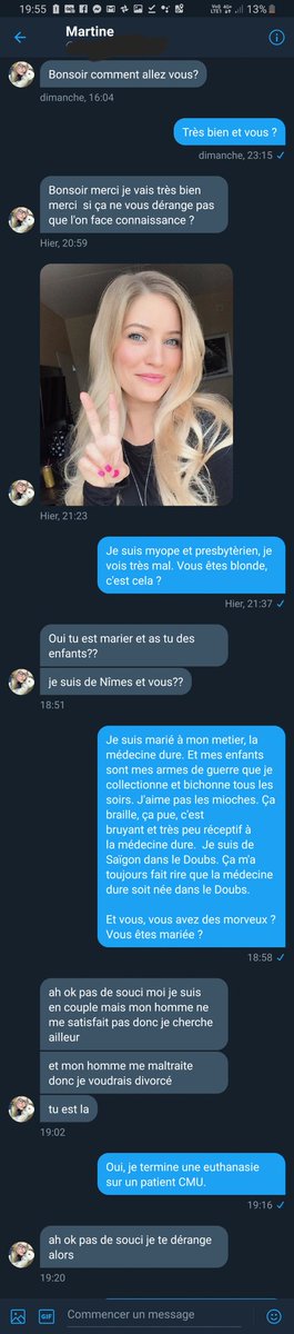 MedecineDure's tweet photo. Je me suis fait une nouvelle copine, Martine. Elle m'a contacté en MP. On a bavardé. Elle est sympa. Vivement la suite... https://t.co/2UjvcHtjUP