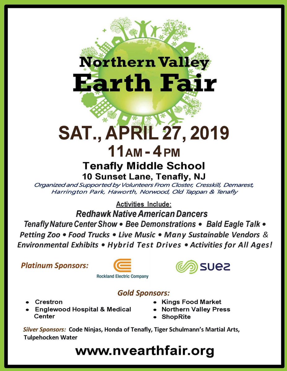 earthfair_nv's tweet photo. Sat. 4/27/19 Northern Valley Earth Fair from 11-4pm at Tenafly Middle School in Tenafly NJ! See https://t.co/28dzFCkLK4 for more information.  A big THANK YOU to all our event sponsors and especially our Platinum Sponsors: @ORUConnect  &amp; @suez  Please share or tweet this!! https://t.co/nYcEn9REPd
