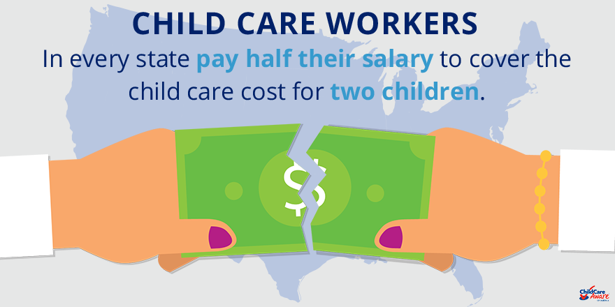 ChildCareAware's tweet photo. Child care workers in every state struggle to pay for care for their own children. We need to fix the system and make #childcare affordable for all. https://t.co/lEGQnlq1AY #ChildCareandUs https://t.co/FnElZQdYPp