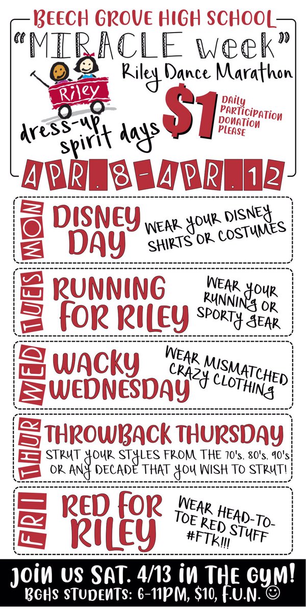 Here are the dress up days for Miracle Week next week! We want to see everyone go ALL OUT For The Kids! Don’t forget your $1 per day!! #FTK
