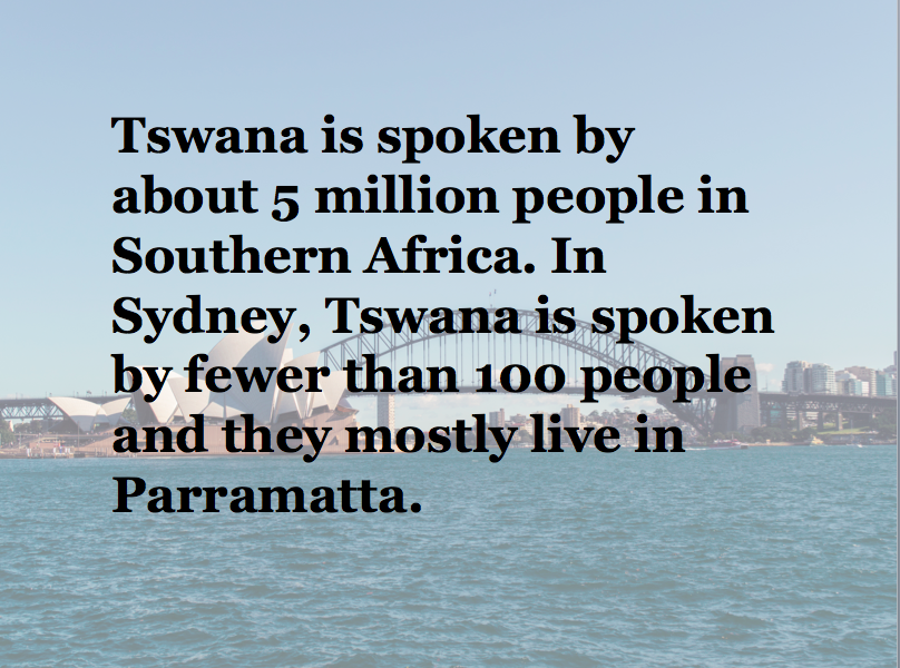 MultilingualSy1's tweet photo. #EmergingLanguage #multilingual You are more likely to find #Tswana in #Parramatta @parracity #AfricanLanguages ... https://t.co/HK9s1NSmkr https://t.co/oowlBA49xl
