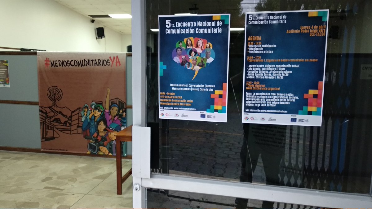 Todo listo para el 5to Encuentro Nacional de Comunicación Comunitaria que se realizará en la <a href="/ucefacso/">FACSO - UCE</a> - Auditorio Pedro Jorge Vera 4 - 5 - 6 abril 
Participarán más de 100 comunicadores y comunicadoras de organizaciones sociales
#MediosComunitariosYa
#ConcursodeFrecuencias