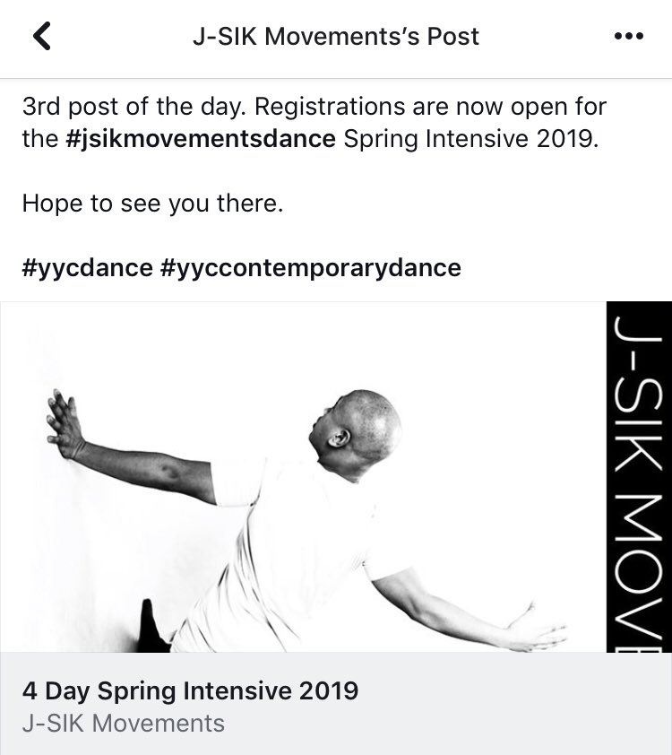 JSIKMOVEMENTS's tweet photo. 3rd post of the day. Registrations are now open for the #jsikmovementsdance Spring Intensive 2019. 

Hope to see you there.

#yycdance #yyccontemporarydance https://t.co/k1pMft4vXc
