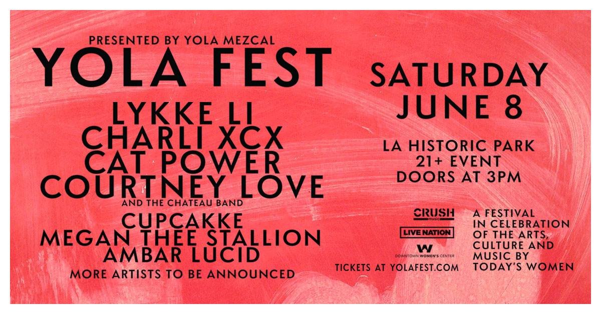 TheScenestar's tweet photo. The inaugural Yola Fest (@YolaFest) will be taking place in June at Los Angeles State Historic Park with performances by Lykke Li, Charli XCX, Cat Power, Courtney Love, and more!
Details: https://t.co/yWZGp7x6OR
#YolaFest #LASHP #LykkeLi #CourtneyLove https://t.co/ikIj7A2xAG