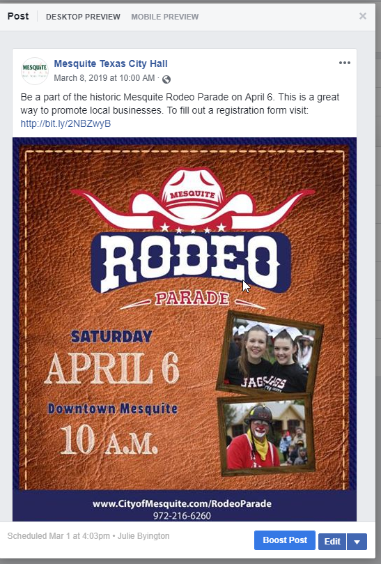 cityofmesquite's tweet photo. Just a few more days until horses, bands, and floats will wind through downtown Mesquite during the 62nd annual Mesquite Rodeo Parade this Saturday, April 6 beginning at 10 a.m. For more information visit: https://t.co/rOJlzV2IQW #RealTexasFun https://t.co/2Xw0d6Wqc6