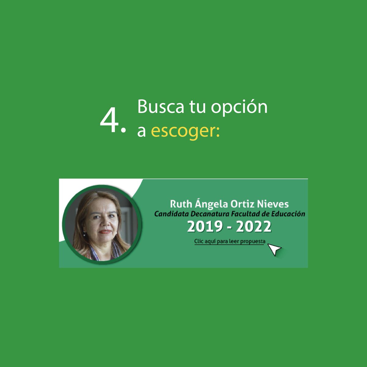 Recuerda que hasta las 4:00 pm es el plazo para votar en la consulta de candidatos a la decanatura de la Facultad de Educación 2019-2022.
Vota por Ruth Ángela ingresando a udea.edu.co
Haz click en "Enlaces de interés" y luego en "Consultas y elecciones"