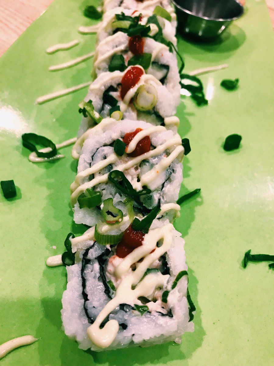 TrainWreckBar's tweet photo. Sushi Wednesday special is a new one for us! Try a Langoustine Roll, $16. Langoustine salad rolled w/ cucumbers, jalapeños and topped w/ wasabi mayo, sriracha &amp; green onions. #trainwreckbarandgrill https://t.co/rxIkigjwhZ