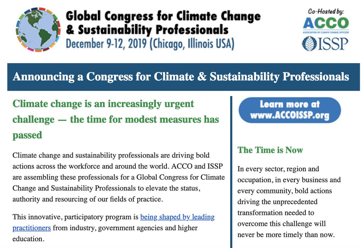 ClimateOfficers's tweet image. .@ClimateOfficers &amp;amp; @ISSP_Org to co-host #GlobalCongress for #climatechange &amp;amp; #sustainability professionals in #Chicago Dec. 9-12. This event will focus on advancing workforce critical to leading institutional action. 

Learn more at accoissp.org #ACCO #ISSP