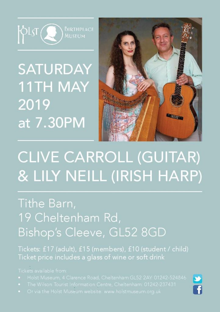 aboutglos's tweet image. The Holst Birthplace Museum in Cheltenham proudly presents Clive Carroll (guitar) and Lily Neill (Lever harp) on Saturday 11th May 2019 at 7.30pm. aboutglos.co.uk/clive-carroll/  #gloshour