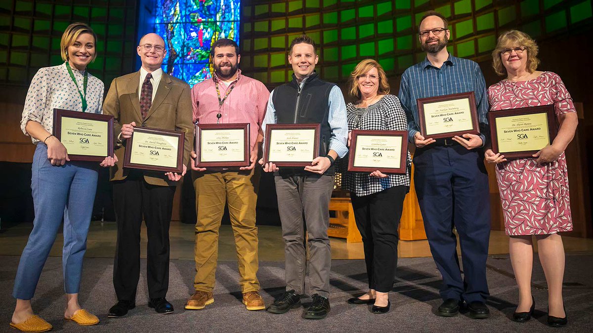 obunews's tweet photo. OBU students honored seven faculty and staff members Wednesday, April 3, for their contributions to the campus community. Please join us in congratulating our Seven Who Care Award recipients, presented by @OBU_SGA:  https://t.co/ZdxoD1HTnk https://t.co/fqBxvMiE8C