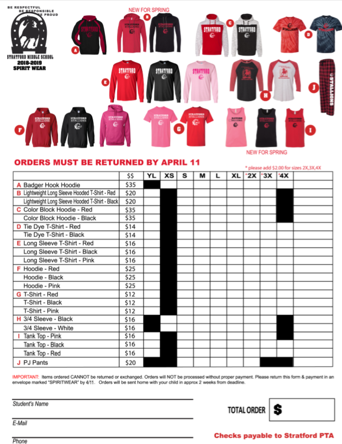 MiddlePta's tweet photo. Hey there Stratford families! Get your spring spirit wear orders in before April 11th! #spiritwear #spring #smspta #ordertoday #stratfordgear #stratfordpride https://t.co/JPBerjPf8R