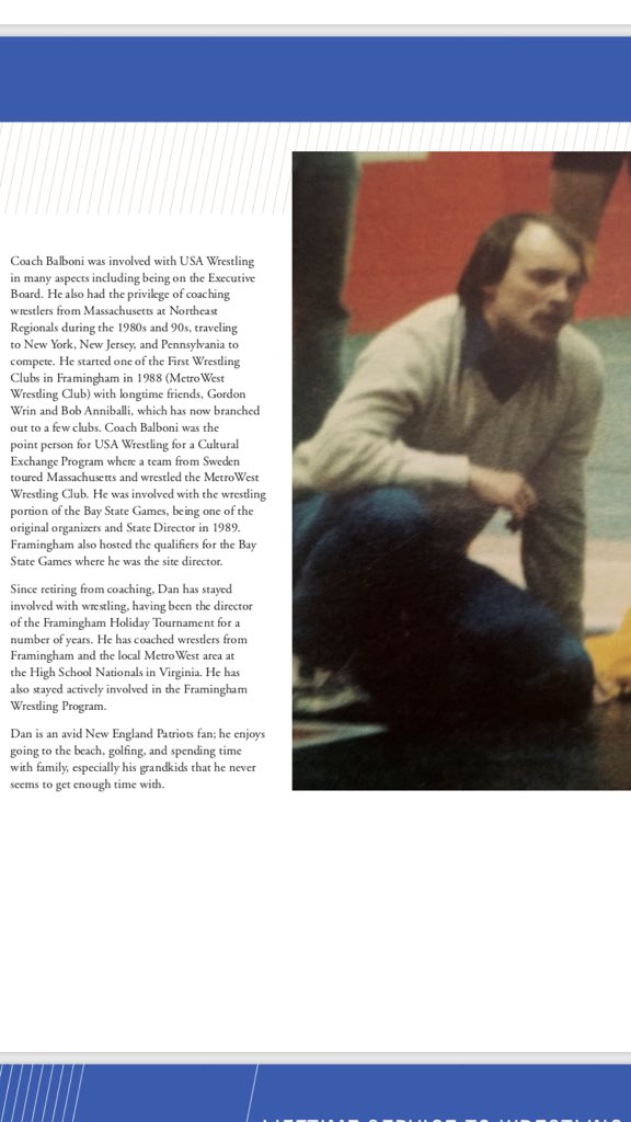 MassWrestlinHOF's tweet photo. Highlighting inductees! Coach Daniel Balboni. Congrats! See him inducted 4/13 @gillettestadium #masswrestling #halloffame https://t.co/pDmpZol8vF