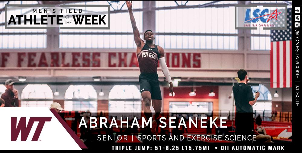 LoneStarConf's tweet photo. #LSCTF Outdoor Men's Co-Field Athlete of the Week: @wtathletics Abraham Seaneke
Seaneke claims his second weekly award 🏅🏅 https://t.co/vh6q6ESDIG
