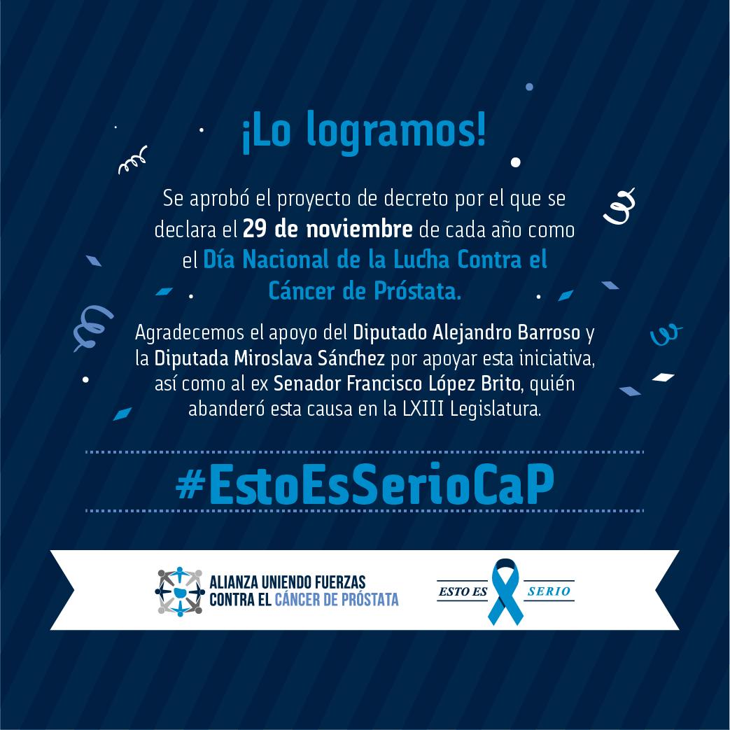 <a href="/Mx_Diputados/">H. Cámara de Diputados</a> aprobó el proyecto de decreto, en que se declara el 29 de noviembre como el Día Nacional de la Lucha contra el Cáncer de Próstata.
#EstoEsSerioCaP  x.com/cap_alianza/st…