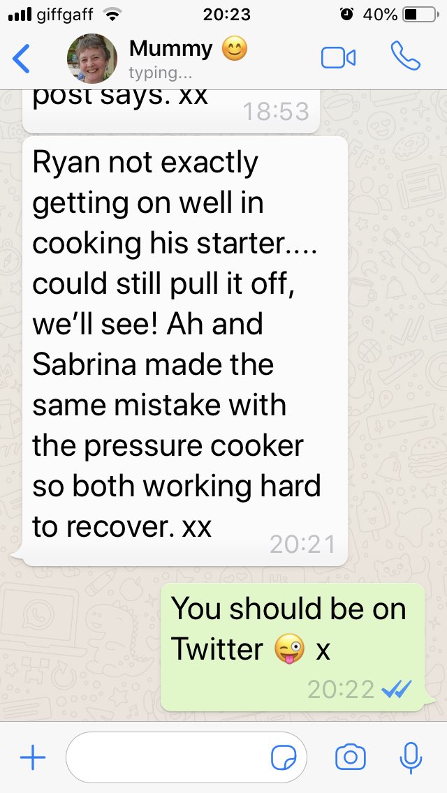 My mum doesn’t have Twitter and I don’t have a TV; so she live texts me updates on #GreatBritishMenu <a href="/chef_simpson/">Ryan Simpson</a> <a href="/Orwells_Rest/">Orwells Restaurant</a> sure you can pull it back!