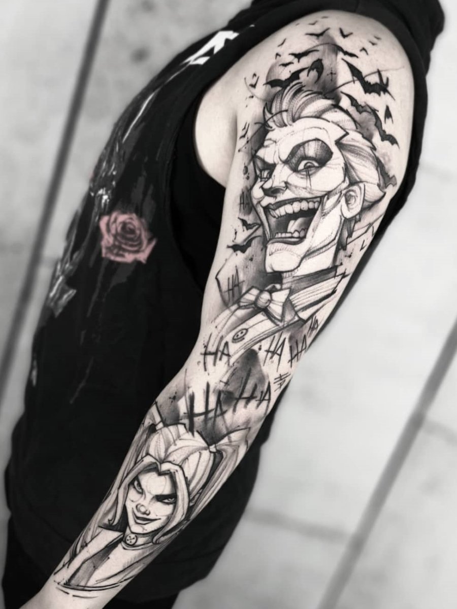 prompthunt tattoo of margot robbie as harley quinn with a sexy look  holding an ace card abstract edges in the style of den yakovlev  realistic face black and white realism tattoo hyper