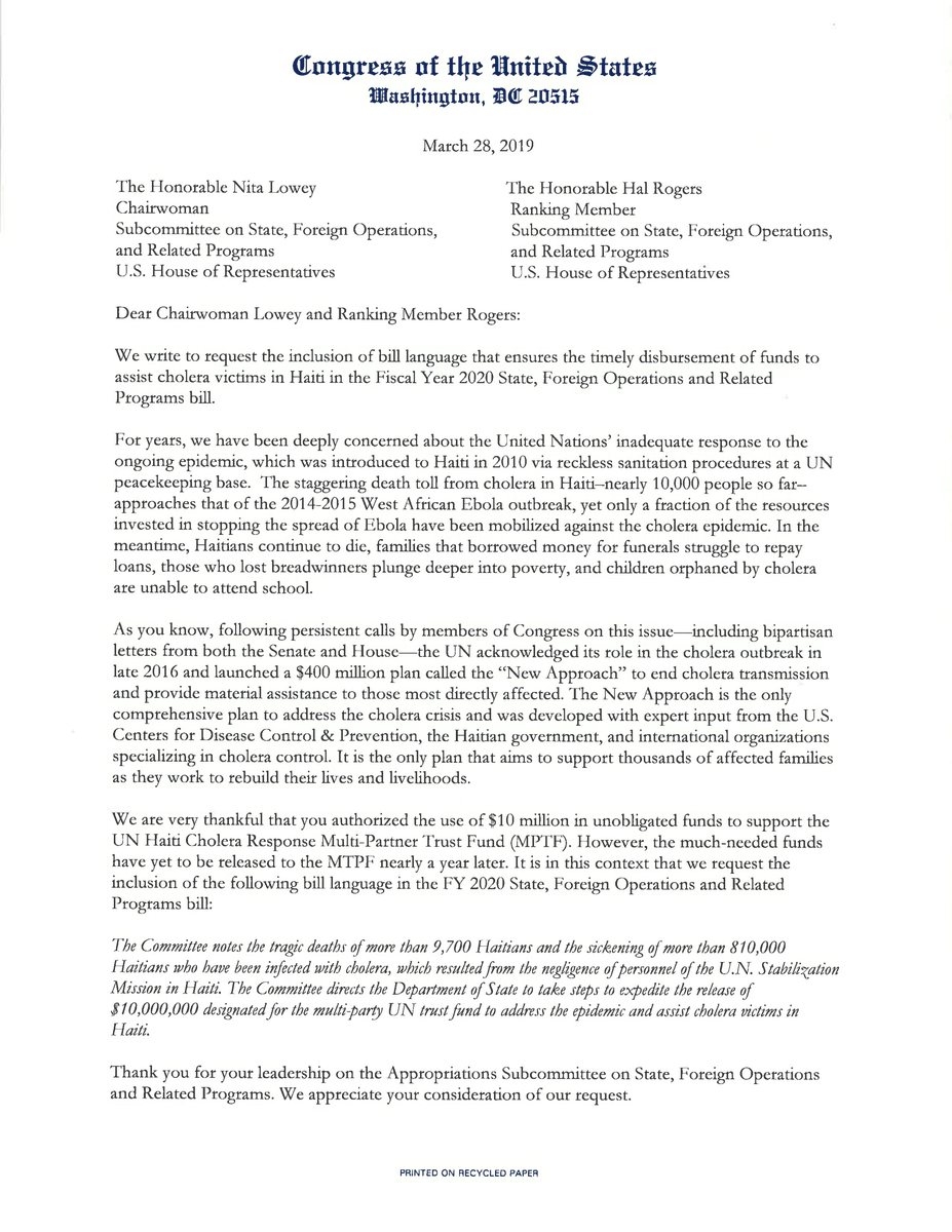 ijdh's tweet photo. NEW: In letter led by @MaxineWaters and @RepWilson, 30+ members of Congress call for release of $10 Million appropriated for cholera victim assistance in Haiti. These funds were initially appropriated in March of 2018 and have yet to be dispersed. 
 https://t.co/Lo11jR80wi https://t.co/n9zeeY67PD