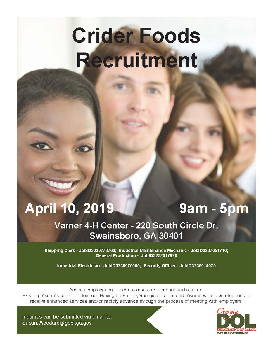 GA Dept. of Labor (@georgiadol) on Twitter photo On Wednesday GDOL is partnering with Crider Foods to host a job fair from 9 a.m. until 5 p.m. at the Varner 4-H Center. For more information please email Susan.woodard@gdol.ga.gov. On Wednesday GDOL is partnering with Crider Foods to host a job fair from 9 a.m. until 5 p.m. at the Varner 4-H Center. For more information please email Susan.woodard@gdol.ga.gov.