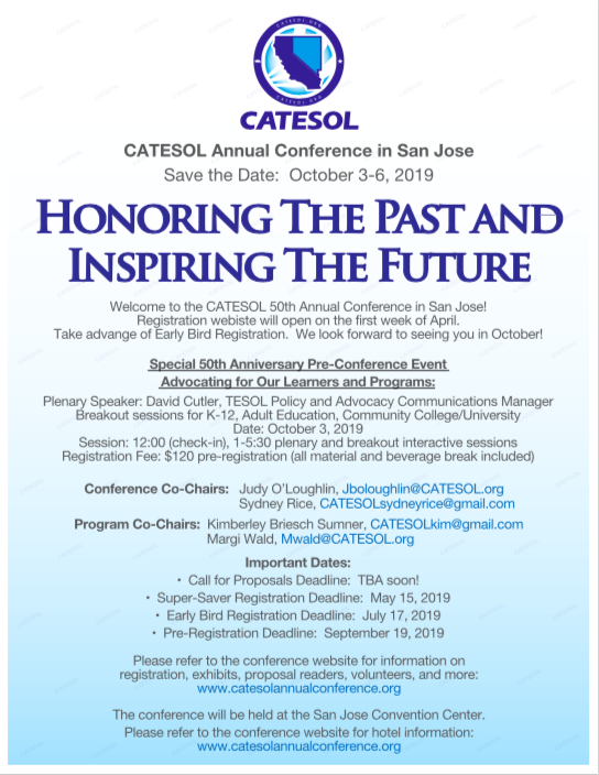 CA_TESOL's tweet photo. Believe it or not #catesol19 is coming fast!  Join our team of amazing volunteers and make our 50th anniversary one to be remembered!
https://t.co/Yk9jgDNBvf https://t.co/FBxbBQkThS