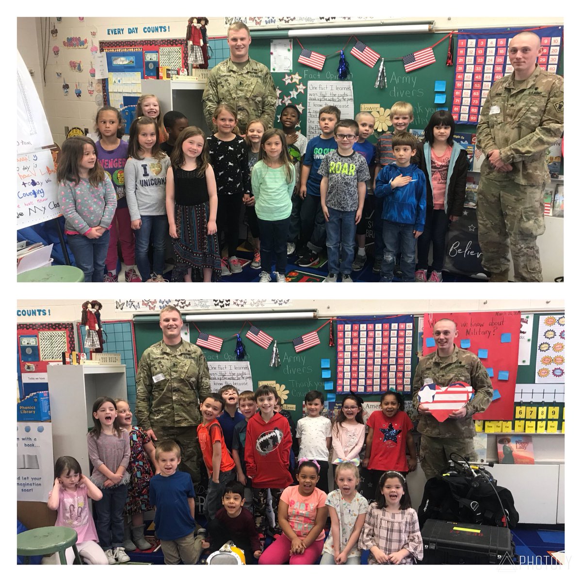 ITRT_DK's tweet photo. Army divers came to visit @CarrsvilleElem 1st graders as part of their Hooray for USA #PBL. The students were excited & learned a lot from these young men. They especially liked being able to try on the scuba helmet. (Even the teacher, Mrs Jones) 🇺🇸 @IWCSchools #IC5Cs https://t.co/bEsFis4eh1