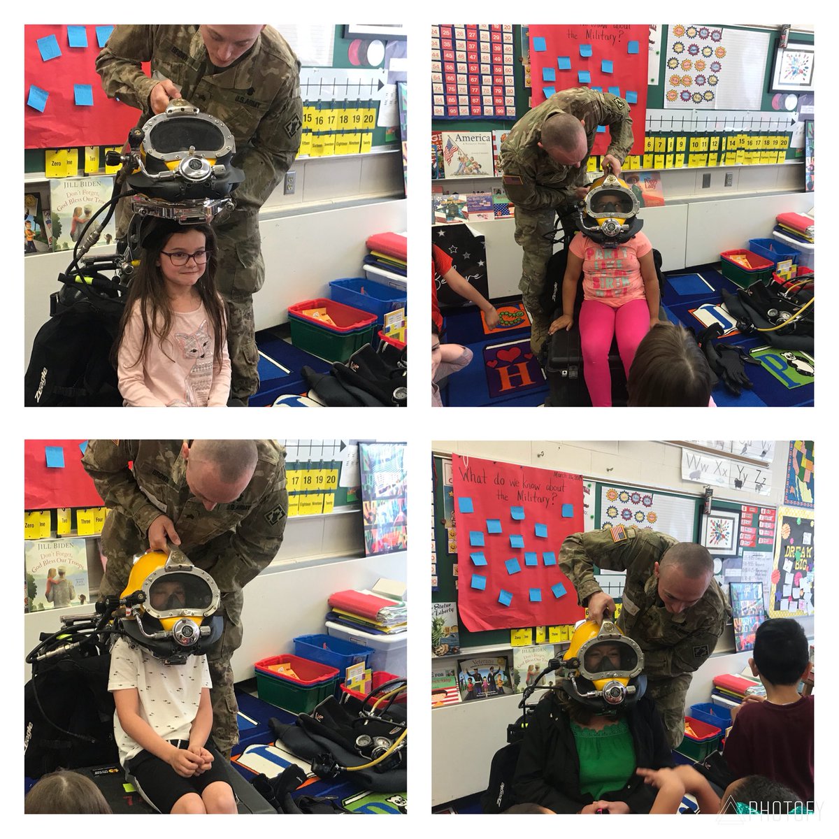 ITRT_DK's tweet photo. Army divers came to visit @CarrsvilleElem 1st graders as part of their Hooray for USA #PBL. The students were excited & learned a lot from these young men. They especially liked being able to try on the scuba helmet. (Even the teacher, Mrs Jones) 🇺🇸 @IWCSchools #IC5Cs https://t.co/bEsFis4eh1