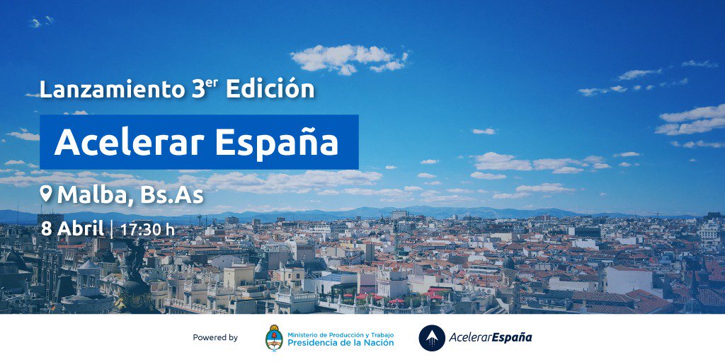 Si buscás expandir tu proyecto y posicionarlo globalmente con la ayuda de expertos, el próximo lunes sumate al lanzamiento de la 3ª Edición de #AcelerarEspaña, un programa pensado para startups argentinas que quieren desembarcar en España. eventbrite.es/e/entradas-ace…