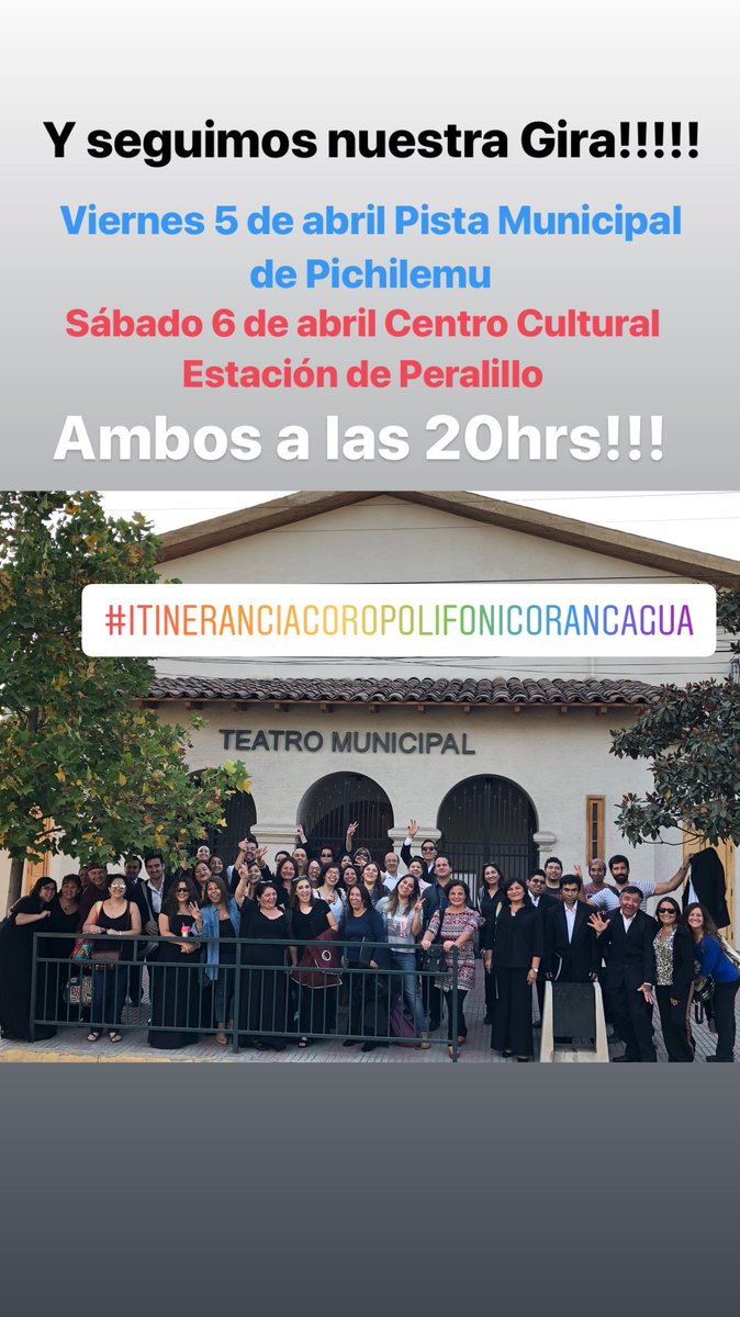 EleomarCuello's tweet photo. Seguimos de Gira Con el Coro Polifónico de Rancagua!! @alcaldesoto @munirancagua @MuniPichilemu @muniperalillo @pichilemutvorg @somospichilemu1 @TeatroRancagua @elcachapoal @Casaculturargua @redcoralchile @EduDiazRdguez @elrancaguino @PrimordialFM @Tuiteroscultura @Culturas_OH https://t.co/Vsz60knwTF
