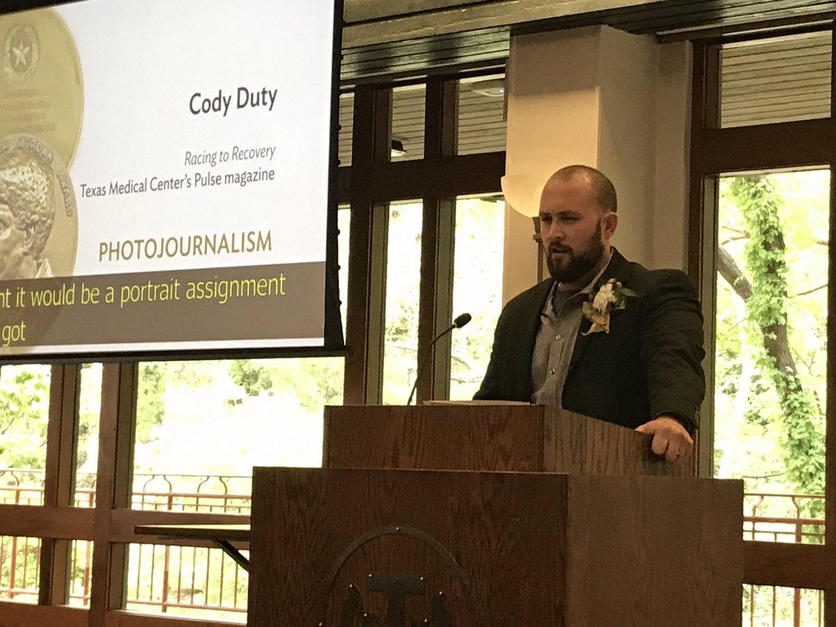 TXMedCenter's tweet photo. Congrats to Cody Duty, photojournalist for #TMCPulse &amp; #TMCNews, for his #BarbaraJordanMediaAward, received today @UTAustin @UTexasMoody. These awards go to members of the media whose coverage of individuals with disabilities is positive and accurate. https://t.co/tkgtdhwxc7