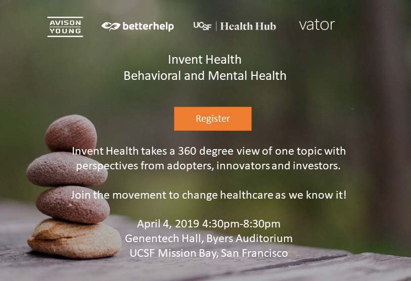 If you care about mental health issues you don't want to miss the event tomorrow! @vatortv @ucsfhealthhub #behavioralhealth

#splashxinventhealth #mentalhealth #inventhealth  on 4/4 --  vator.tv/splashxinventh…