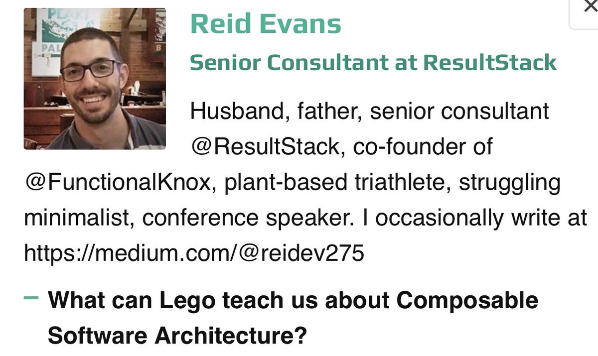 Looking forward to hearing <a href="/ReidNEvans/">Reid Evans</a> explain how Lego can teach us about software architecture #lego #softwarearchitecture #speakers #devconference