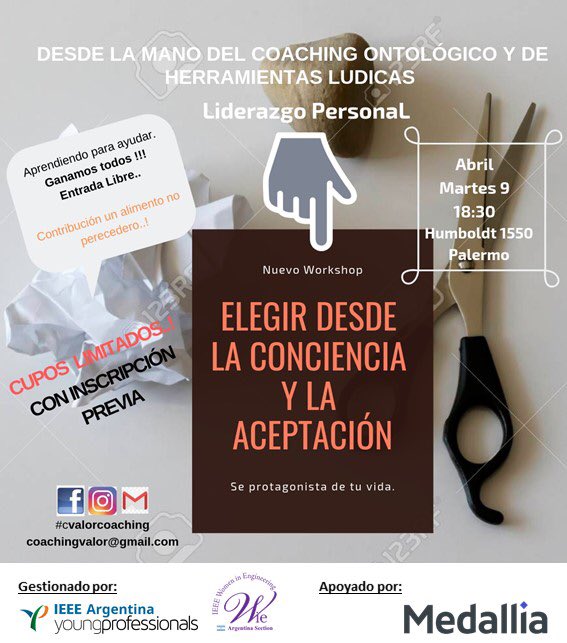 wieargentina's tweet photo. Te invitamos al taller de #liderazgopersonal “Elegir desde la Conciencia y Aceptación”
📌Lugar: Oficinas de @MedalliaArg , Humboldt 1550, Palermo, CABA.
🗓Fecha y Horario: Martes 9 de Abril, 18:30hs. 
📝Inscripciones: https://t.co/unlVSoSS6K
No se lo pueden perder! Los esperamos! https://t.co/u6pwkGhRH2