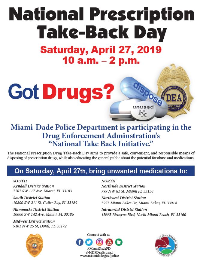 MiamiDade_SO's tweet photo. The National Prescription Drug Take-Back Day aims to provide a safe, convenient, and responsible means of disposing prescription drugs. Join #YourMDPD on Saturday, April 27, 2019 from 10 AM - 2 PM to bring your unwanted medications. ⬇️ https://t.co/fVUwHaBYY6