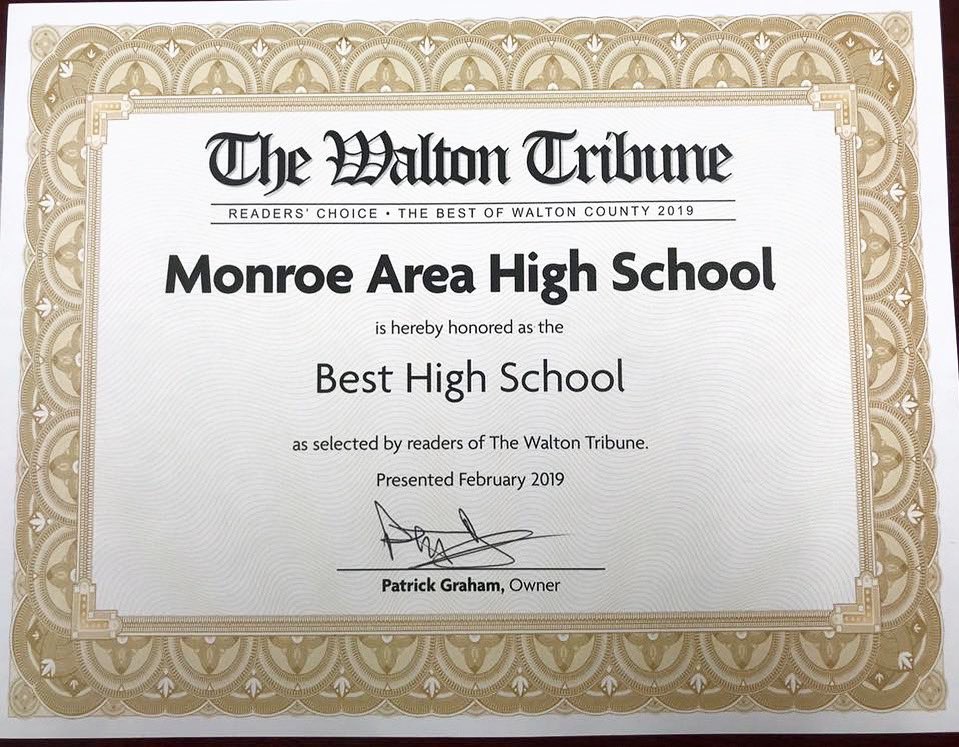 WCSD_GA's tweet photo. Congratulations to @MonroeArea on being voted the “Best High School” in Walton County by the readers of @waltontribune!! #whywalton #monroeproud https://t.co/MnlBRi8BQx