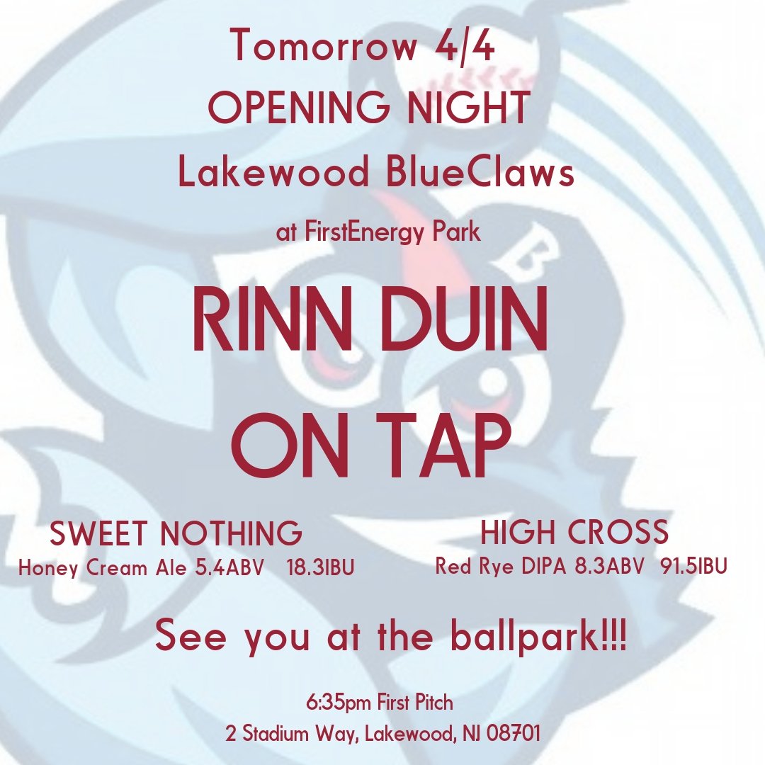 Tomorrow is OPENING NIGHT for our Lakewood BlueClaws @blueclaws1 and we'll be at the stadium on tap with our HIGH CROSS DIPA and SWEET NOTHING Honey Cream Ale. First pitch is 6:35pm ⚾️🍻#SeeYouAtTheBallpark #NJCraftBeers #IrishBornJerseyBrewed 🍀
