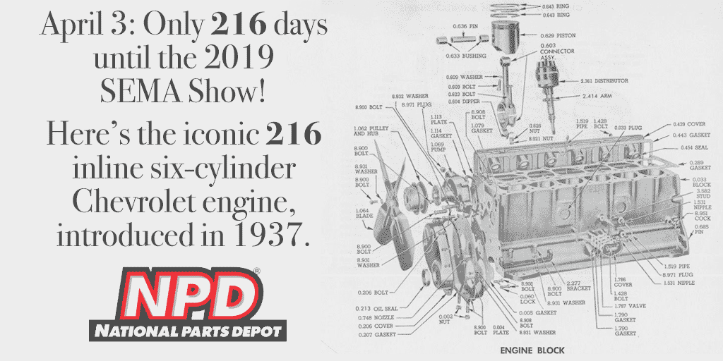 NPDLink's tweet image. To commemorate 216 days until #SEMA2019 here's an exploded view of the iconic 216 CID #Chevrolet inline six engine. What's under the hood of your 1937 Chevy?
#vintagecar #classiccars