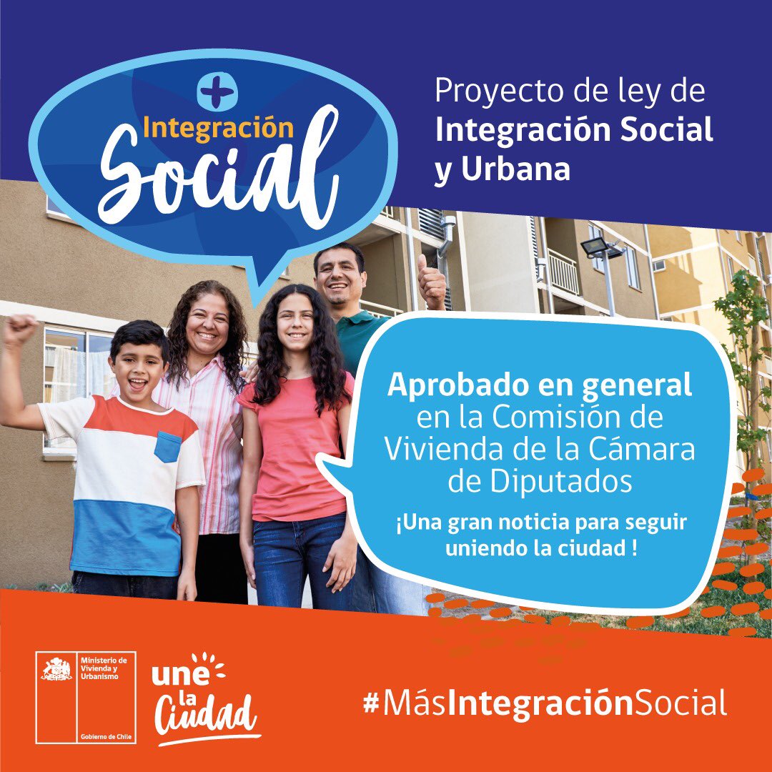 Minvu's tweet photo. ¡Una excelente noticia! La Comisión de Vivienda de la @CamaraDiputados aprobó en general el proyecto de ley de Integración Social y Urbana. El primer gran paso para construir ciudades con más #MásIntegraciónSocial y transformarnos en el Ministerio de Ciudad y Vivienda 👏🏻👏🏻👏🏻 https://t.co/hkmdYGfZ7W