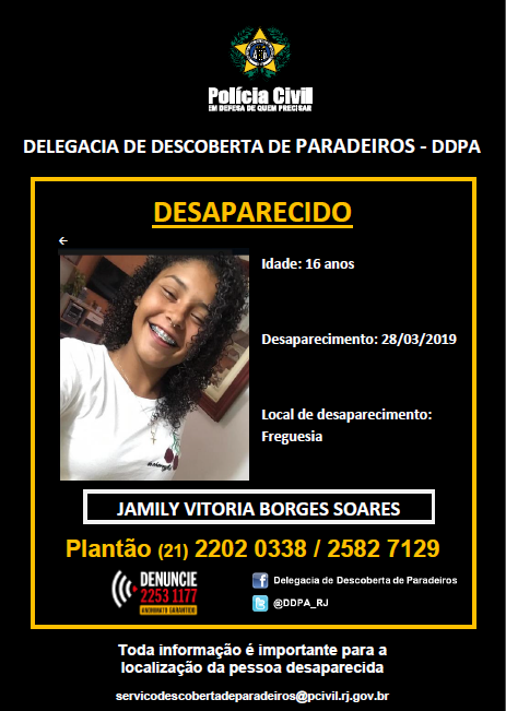 #Boletim de #Ocorrência: DESAPARECIDA > Ajude a #PCERJ / <a href="/DDPA_RJ/">DDPA</a> a localizar Jamily Vitória Borges Soares.
