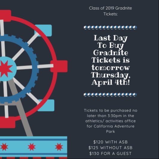 LHSBLUECREWW's tweet photo. Make sure to purchase your 2019 gradnite ticket tomorrow if you haven’t already!!! Tomorrow is the last day so don’t miss out!!! https://t.co/Ph16bvT0rN