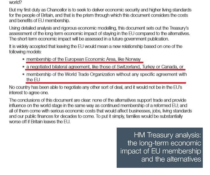 The treasury documents highlighting the short term and long term impact of a vote to leave referred to the ‘Alternatives to membership’ highlighting the multiple different relationships the government may pursue in the event of a vote to leave.