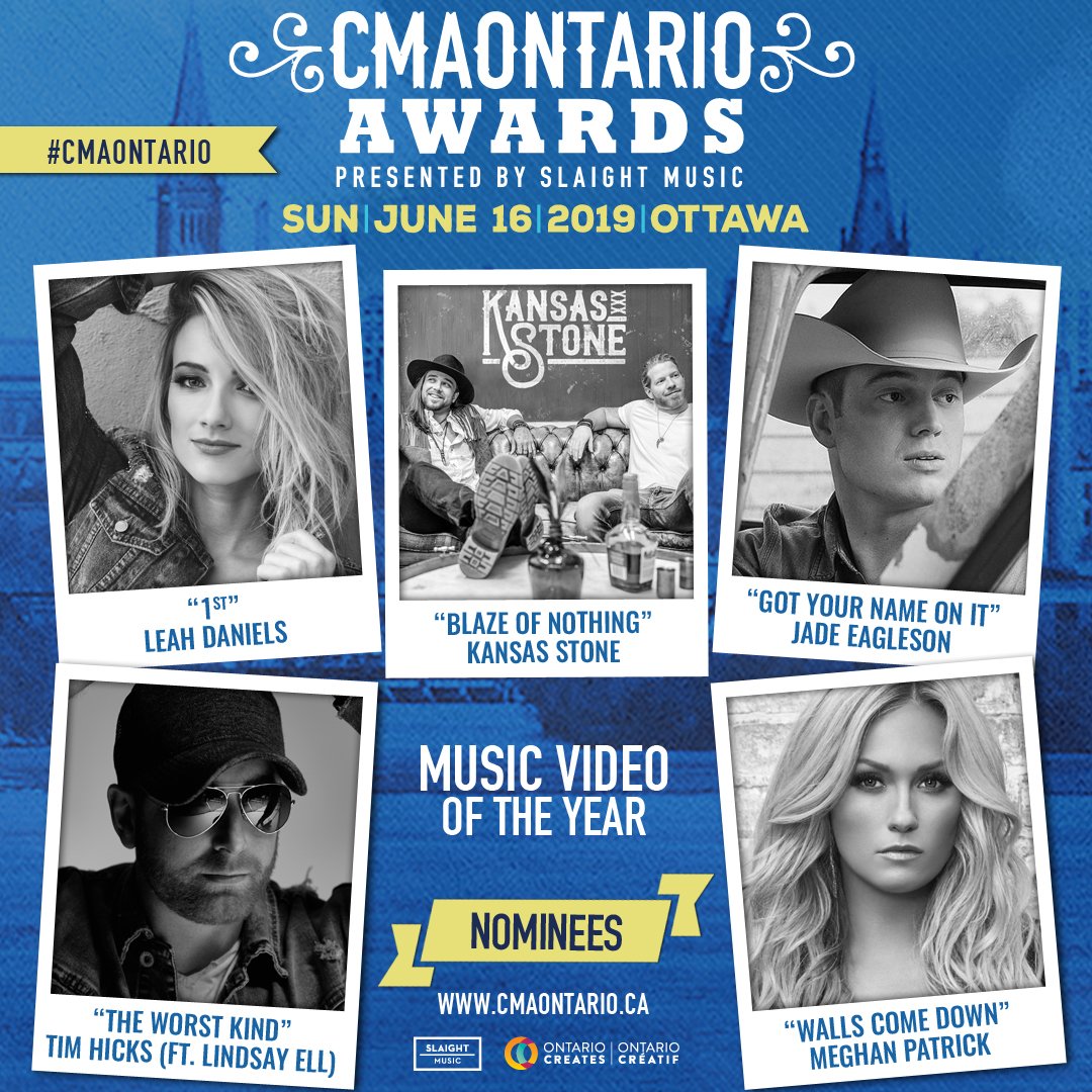 theCMAOntario (@thecmaontario) on Twitter photo 🔊 Announcing the #CMAOntario 2019 Award nominees for Music Video of the Year:
• 1 st – <a href="/LeahDaniels/">Leah Daniels</a>
• Blaze of Nothing – <a href="/Kansas_Stone/">KS</a>
• Got Your Name On It – <a href="/JadeEagleson/">Jade Eagleson</a>
• The Worst Kind – <a href="/timhicksmusic/">Tim Hicks</a> (feat. Lindsay Ell)
• Walls Come Down – <a href="/MegPatrickMusic/">Meghan Patrick</a>
👏 🔊 Announcing the #CMAOntario 2019 Award nominees for Music Video of the Year:
• 1 st – <a href="/LeahDaniels/">Leah Daniels</a>
• Blaze of Nothing – <a href="/Kansas_Stone/">KS</a>
• Got Your Name On It – <a href="/JadeEagleson/">Jade Eagleson</a>
• The Worst Kind – <a href="/timhicksmusic/">Tim Hicks</a> (feat. Lindsay Ell)
• Walls Come Down – <a href="/MegPatrickMusic/">Meghan Patrick</a>
👏