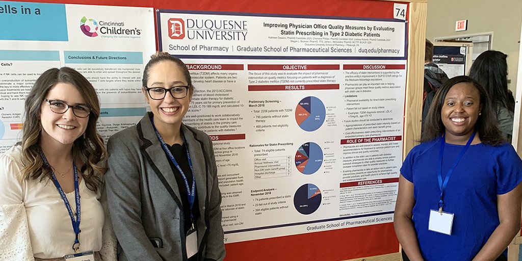 DuquesnePharm's tweet photo. Great work by all at the .@duqedu Undergraduate and Research Symposium today. #DuqPharm PYIIIs Lindsay Roberts, Kathleen Dawson and Choniece Phillips presented a poster and gave a presentation on the research. Associate Professor Dr. Jamie McConaha advised the students. https://t.co/scJL2Pr6zo