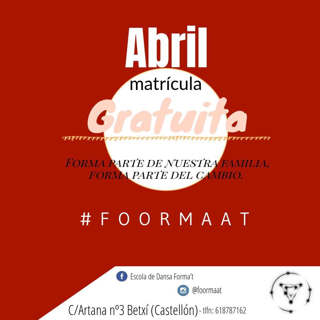 DanceFormat's tweet photo. Queremos ayudarte a que formes parte de nuestra familia. Este mes de Abril la matrícula es GRATUITA! Pronto +info de nuestros intensivos de verano.
#dance #dancers #dancedance #castellon #feel #baila #siente #aprende #vive #fluye #familia #dancerslife #fighters https://t.co/gfKx9c2Ghc