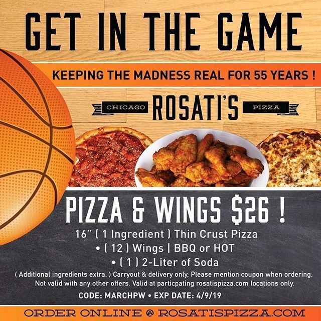 spizzamn's tweet photo. Get in the game with our March Madness special! Through April 9th get any one topping 16" thin crust pizza with 12 wings a 2 liter with coupon code: MARCHPW when you order in store or online at https://t.co/AeZVpjTXKg #keepinitreal #RosatisMapleGrove #m⦠https://t.co/Wn4DnSDCr0 https://t.co/IOVWsxV1JY