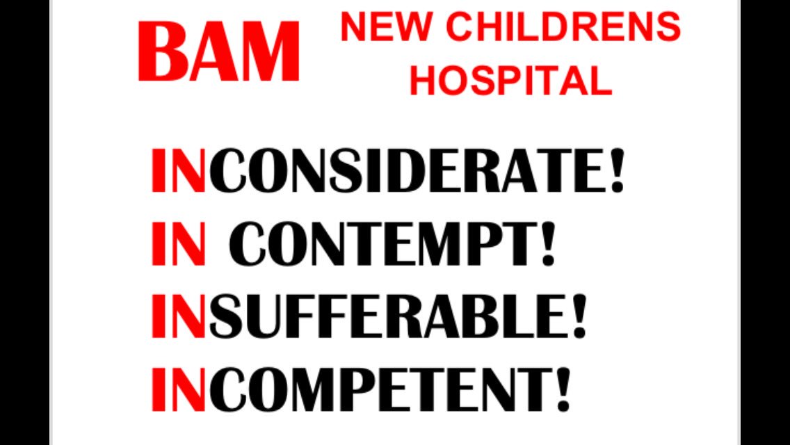 McNiffecent's tweet photo. ****Protest for residents and people who are opposed to the build of The New Children’s Hospital happening at St. James’s this Saturday 6th April between 11am - 2pm. 
Please come along and support. It’s at both main entrances.****

#WrongLocation
#StopStJames
#GreenfieldSite https://t.co/rgRzTHPEkc