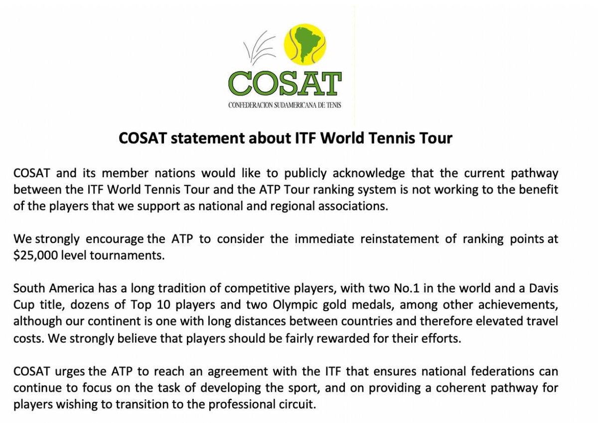 AdamAddicott's tweet photo. The confederation of South American tennis has released a statement to criticise the Transition tour. Calling for ATP points to be rewarded at $25’s. The thing is,the ATP partly does, it’s the lower level tournaments where they don’t...also no mention of women’s tour #TennisFail https://t.co/fHYV9afJg7