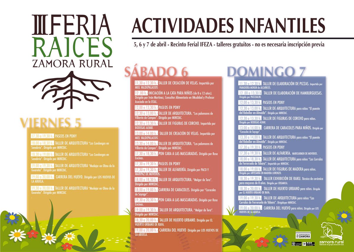 Durante los días 5, 6 y 7 de abril estaremos presentes en la nueva edición de la #feriaraices. Aquí os dejamos el programa de las actividades infantiles, en las que participaremos con Carreras de Caracoles el sábado a las 18:00 y el domingo a las 13:00. Va ha ser muy divertido!!