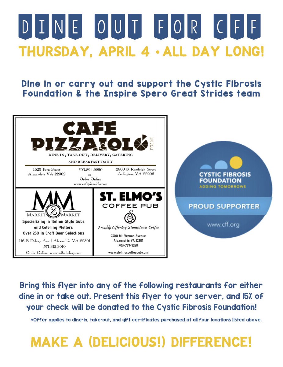 Show this flyer tomorrow, April 4, at any of the locations shown and they will donate 15% to @CF_Foundation! Pass it along! #cfadvocacy #communitygiveback #makeanimpact